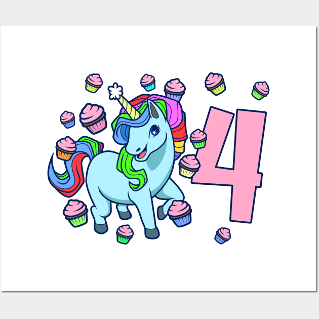 I am 4 with unicorn - girl birthday 4 years old Wall Art by Modern Medieval Design